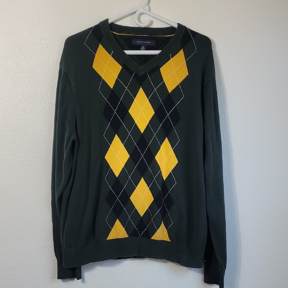 Tommy Hilfiger Men Argyle V Neck Sweater Size L Green Yellow Y2K Academia Jumper - Picture 1 of 11